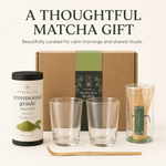 Sage matcha gift set with kraft gift box, ceremonial matcha tin, 2 glasses and bamboo whisk