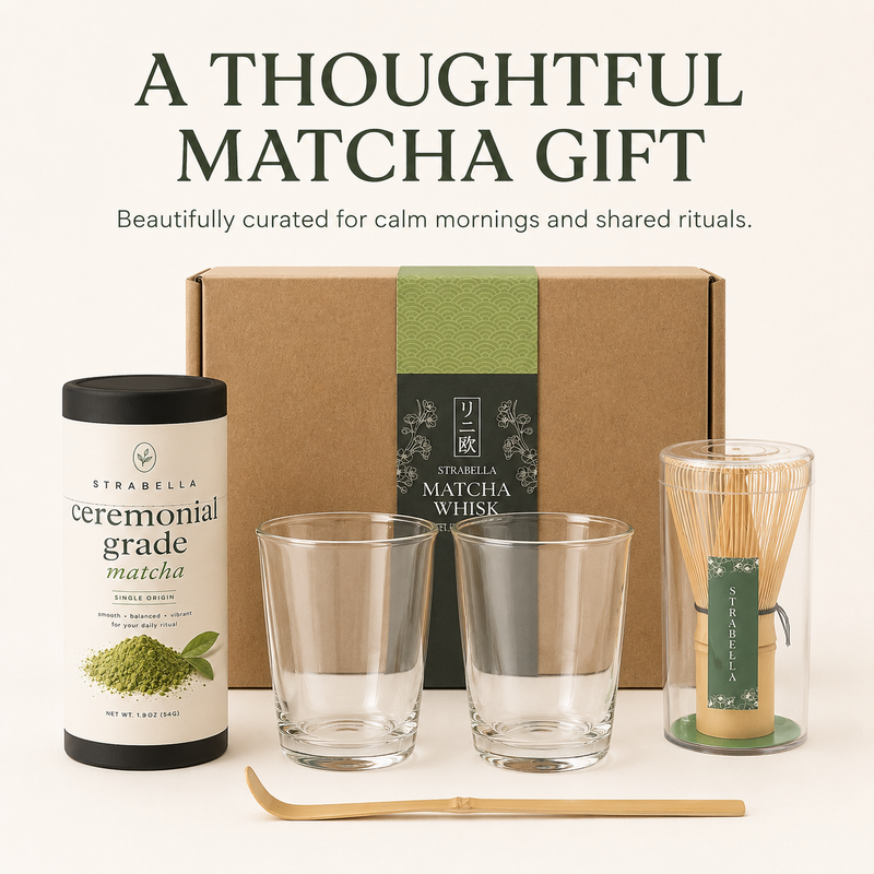 Sage matcha gift set with kraft gift box, ceremonial matcha tin, 2 glasses and bamboo whisk