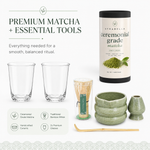 Sage matcha set essentials — ceremonial matcha, ceramic bowl, bamboo whisk and 2 glass cups