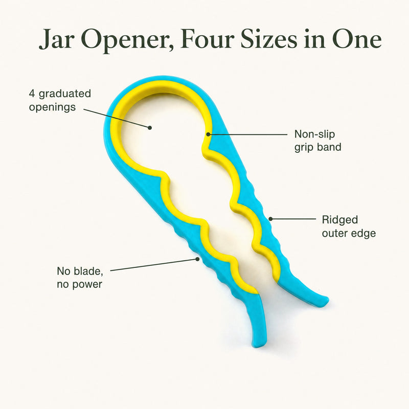 Jar opener — four graduated openings, non-slip grip band, ridged outer edge, no blade