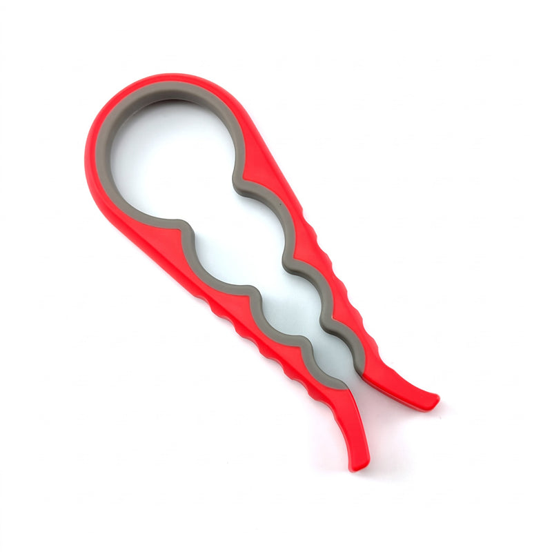 Jar opener — red 4-in-1 opener with a grey non-slip grip band, on white