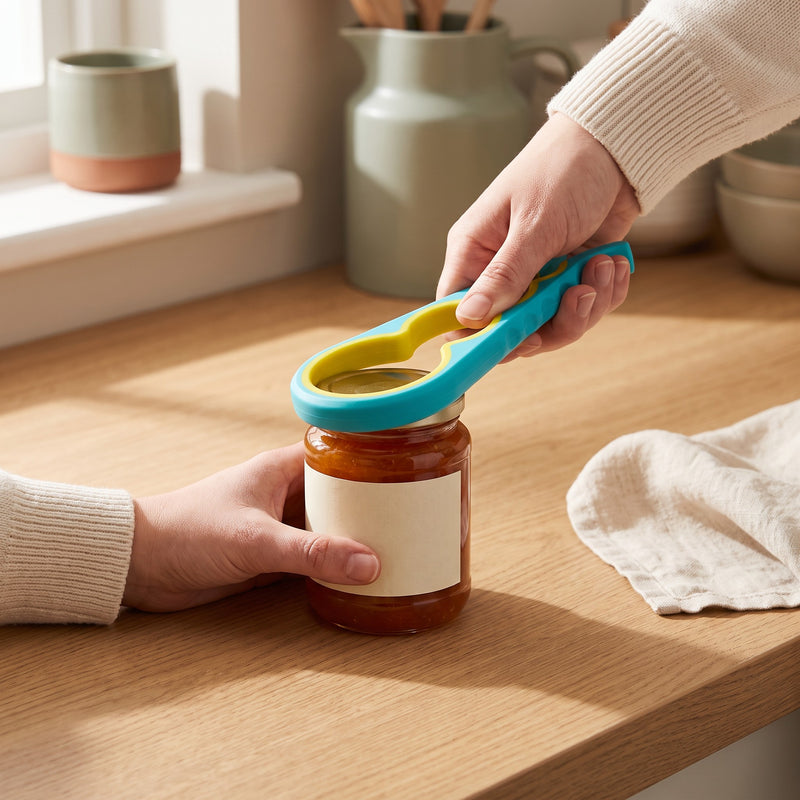 Jar opener — hands loosening a tight jam jar lid with the blue opener