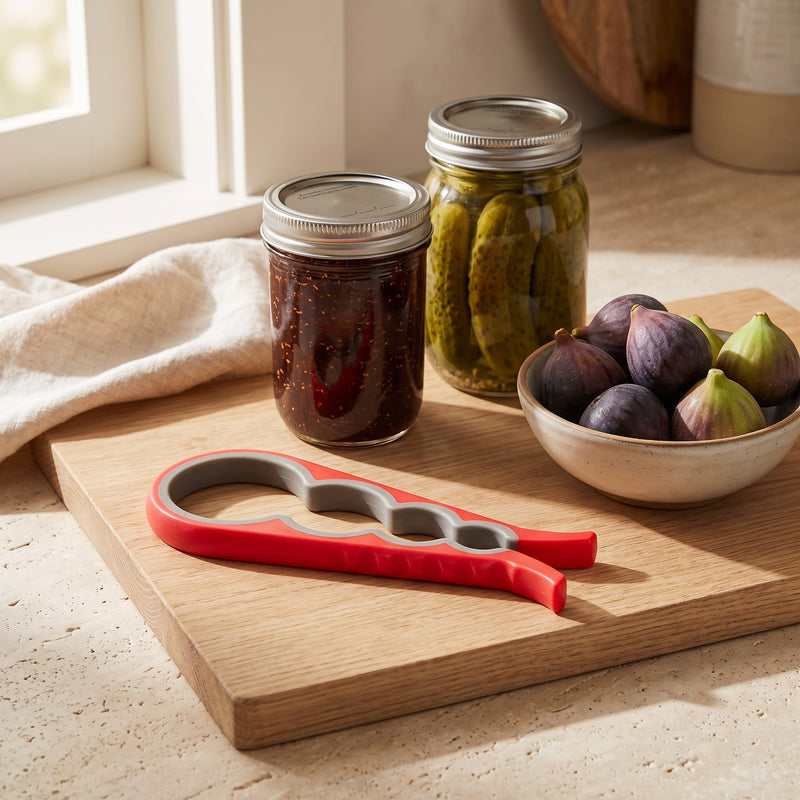 Jar opener — red opener on a wooden board beside jars of jam and pickles