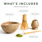 What's included in the Strabella matcha ceremony set: matcha bowl, bamboo whisk, whisk holder and bamboo scoop
