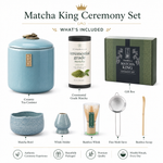 What's included in the Matcha King set: tea canister, ceremonial matcha, matcha bowl, whisk holder, bamboo whisk, fine mesh sieve and bamboo scoop
