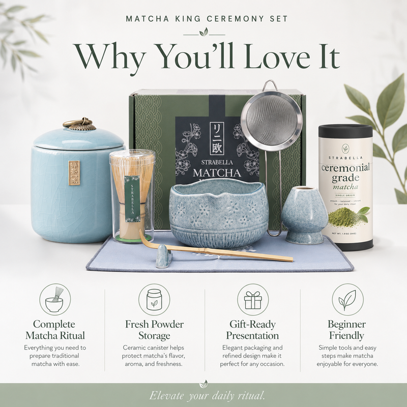 Why you'll love the Matcha King set — complete ritual, fresh powder storage, gift-ready presentation, beginner friendly