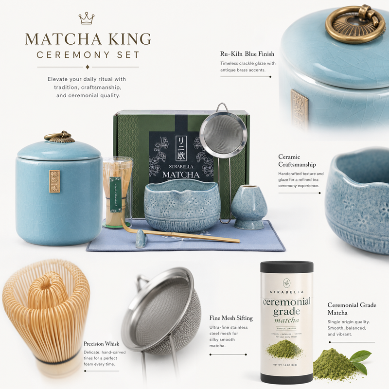 Matcha King ceremony set details — Ru-Kiln blue crackle glaze, precision bamboo whisk, fine mesh sifter and single-origin ceremonial matcha
