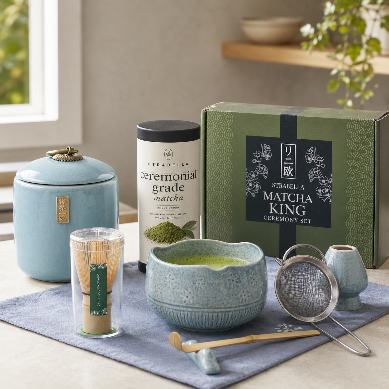 Matcha King set styled on a counter — blue crackle bowl with whisked matcha, ceremonial matcha tin and gift box