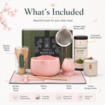 What's included in the pink Matcha Queen bundle: bamboo whisk, scoop, ceramic bowl, whisk holder, stainless sifter, ceremonial matcha and ceramic storage canister