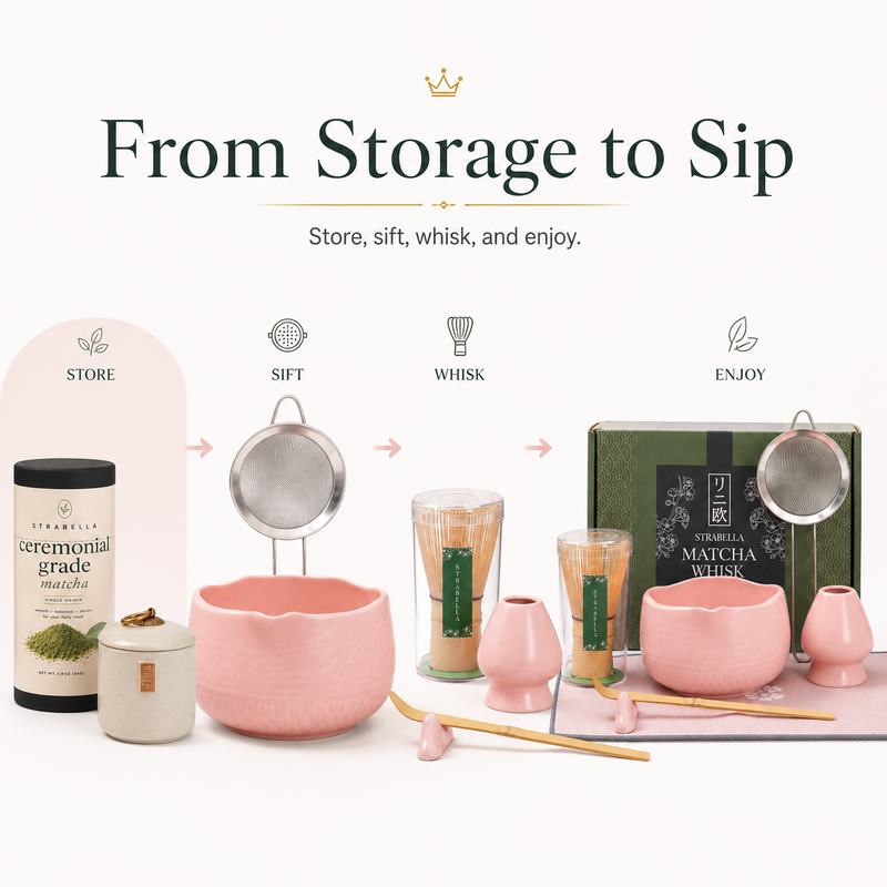 How to make matcha: store, sift, whisk and enjoy with the pink Matcha Queen set