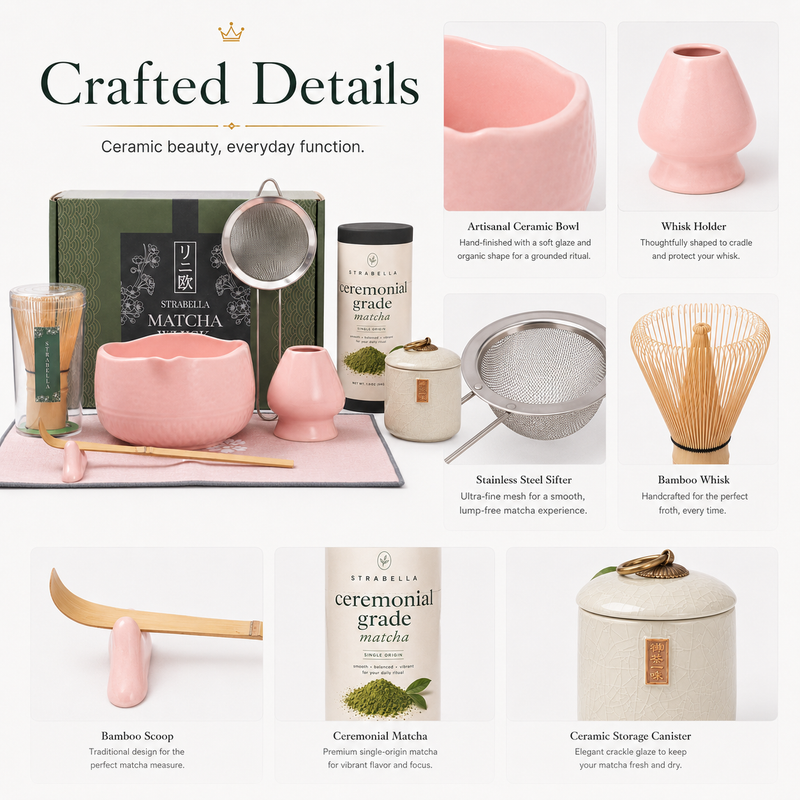 Crafted details of the pink Matcha Queen set — ceramic bowl, whisk holder, stainless sifter, bamboo whisk and single-origin ceremonial matcha