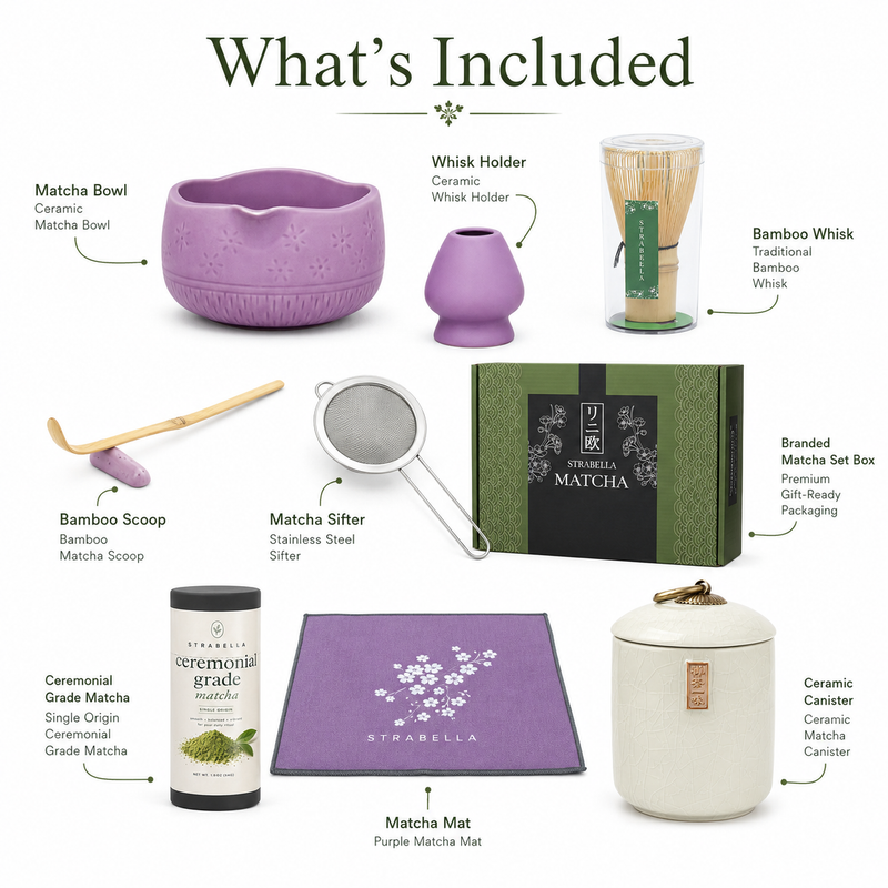 What's included in the purple Matcha Queen bundle: bowl, whisk holder, bamboo whisk, scoop, stainless sifter, ceremonial matcha, ceramic canister and matcha mat