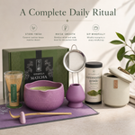 Purple Matcha Queen ritual set — ceramic bowl, bamboo whisk, sifter and single-origin ceremonial matcha