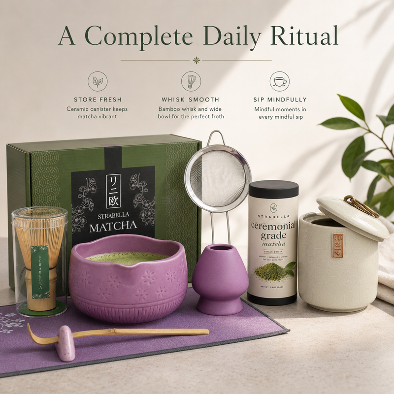 Purple Matcha Queen ritual set — ceramic bowl, bamboo whisk, sifter and single-origin ceremonial matcha