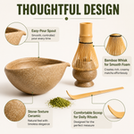 Strabella matcha set design details: easy-pour spout bowl, bamboo whisk for smooth foam, stone-texture ceramic, scoop