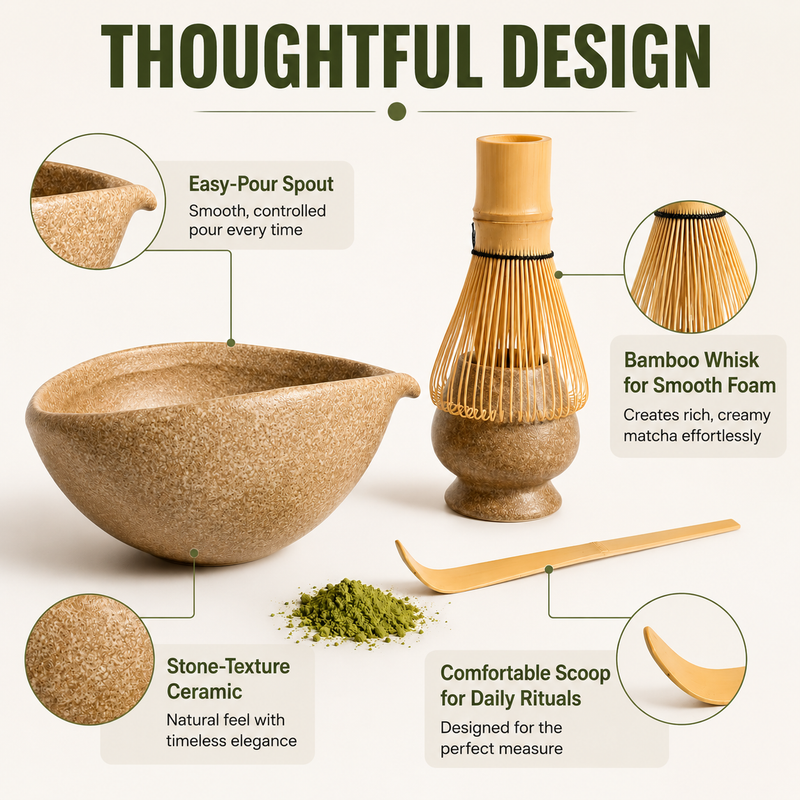 Strabella matcha set design details: easy-pour spout bowl, bamboo whisk for smooth foam, stone-texture ceramic, scoop