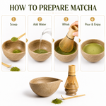 How to prepare matcha with the Strabella set in four steps: scoop, add water, whisk, pour and enjoy