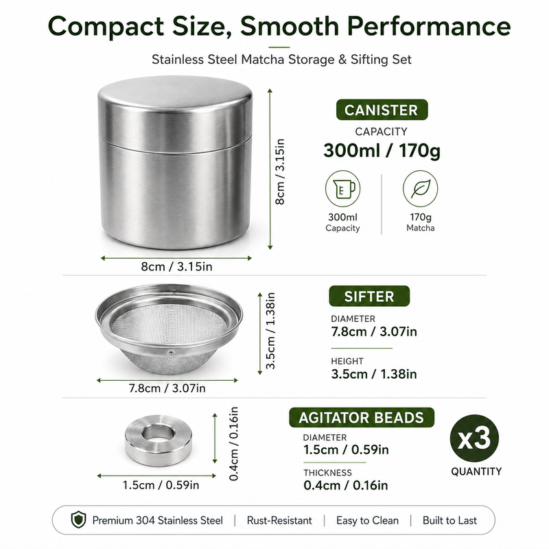 Matcha sifter dimensions — 8cm canister, 7.8cm sifter diameter, compact size for any kitchen