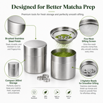 Matcha sifter features — brushed stainless finish, fine mesh screen, 300ml compact storage, agitator beads