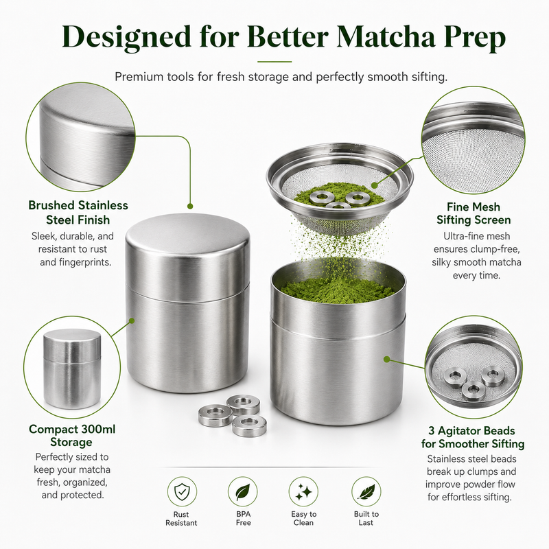 Matcha sifter features — brushed stainless finish, fine mesh screen, 300ml compact storage, agitator beads