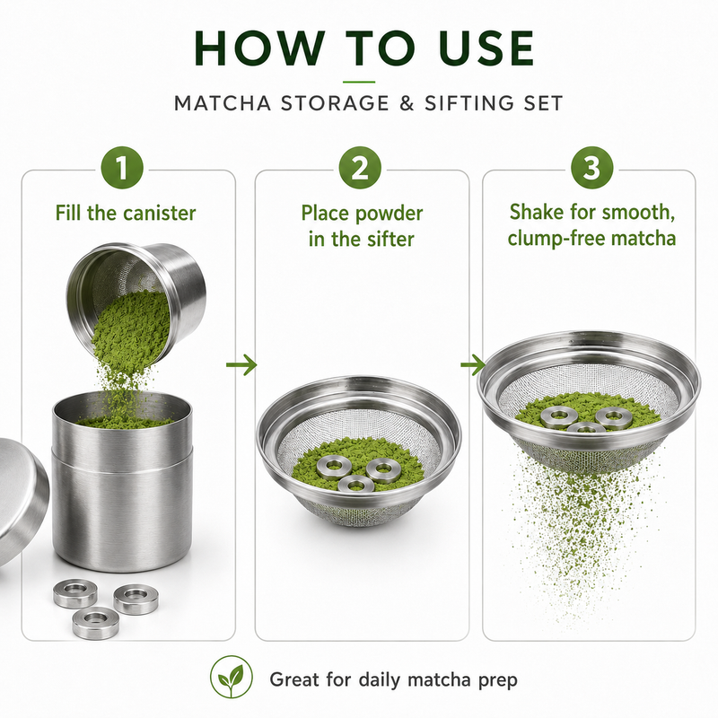 How to use the matcha sifter — fill canister, place powder in sifter, shake for clump-free matcha