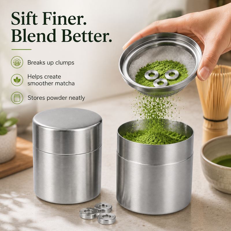Matcha sifter in use — sifts fine powder, breaks up clumps, stores matcha neatly