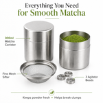 What comes in the matcha sifter set — 300ml canister, fine mesh sifter, 3 stainless agitator beads