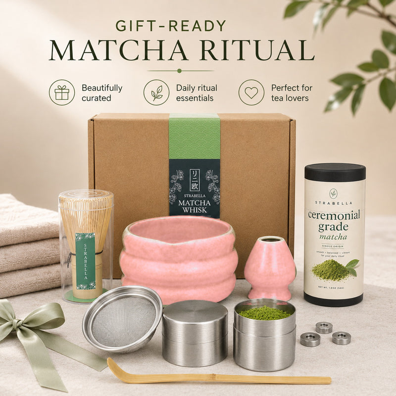 Gift-ready Pink matcha starter kit with ribbon and folded towels