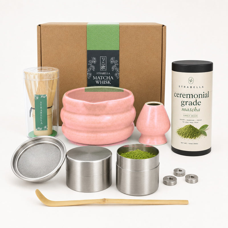 Strabella 9-piece matcha starter kit in Pink — ceramic bowl, bamboo whisk, sifter and ceremonial matcha
