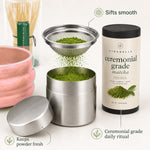 Stainless mesh sifter and storage canister from the Pink matcha starter kit