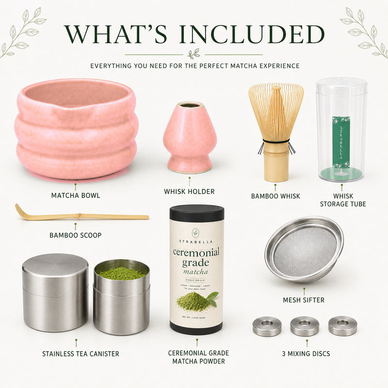 What's included in the Pink 9-piece matcha starter kit