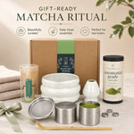 Gift-ready White matcha starter kit with ribbon and folded towels