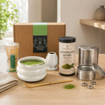 White 9-piece matcha starter kit on a kitchen counter with freshly whisked matcha