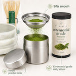 Stainless mesh sifter and storage canister from the White matcha starter kit