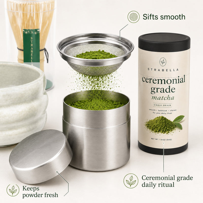 Stainless mesh sifter and storage canister from the White matcha starter kit