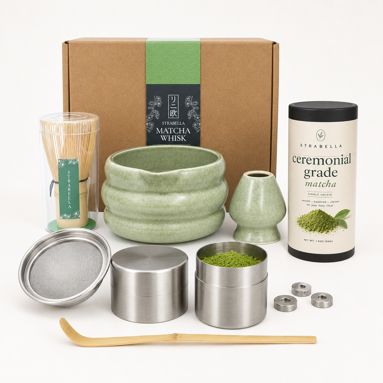 Matcha starter kit with ceramic bowl, bamboo whisk, mesh sifter, stainless canister and Strabella ceremonial matcha powder