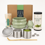 Matcha starter kit with ceramic bowl, bamboo whisk, mesh sifter, stainless canister and Strabella ceremonial matcha powder