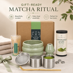 Gift-ready matcha starter kit with kraft gift box, ceremonial matcha tin and bamboo tools