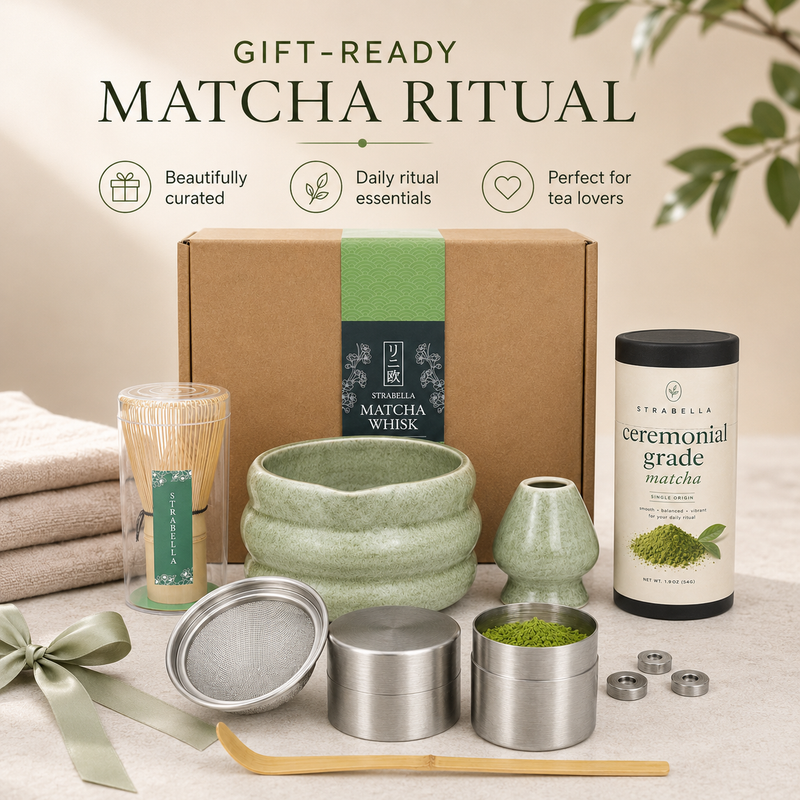 Gift-ready matcha starter kit with kraft gift box, ceremonial matcha tin and bamboo tools