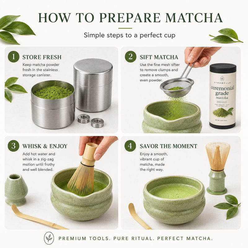 How to prepare matcha: store, sift, whisk and serve with the Strabella starter kit
