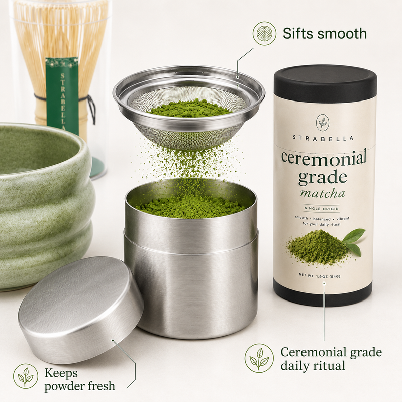 Stainless steel mesh sifter and tea canister keep ceremonial matcha smooth and fresh