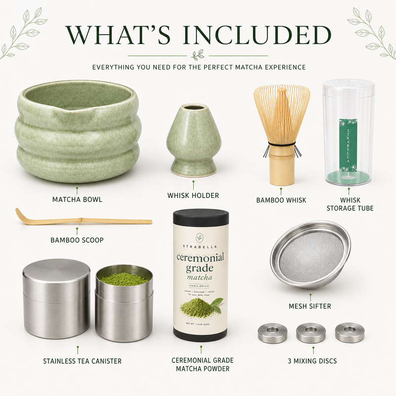 What's included: matcha bowl, whisk holder, bamboo whisk, storage tube, scoop, stainless canister, ceremonial matcha powder, mesh sifter and 3 mixing discs