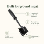 Meat chopper features — 5 wide beveled blades, heat resistant, finger stop handle, dishwasher safe