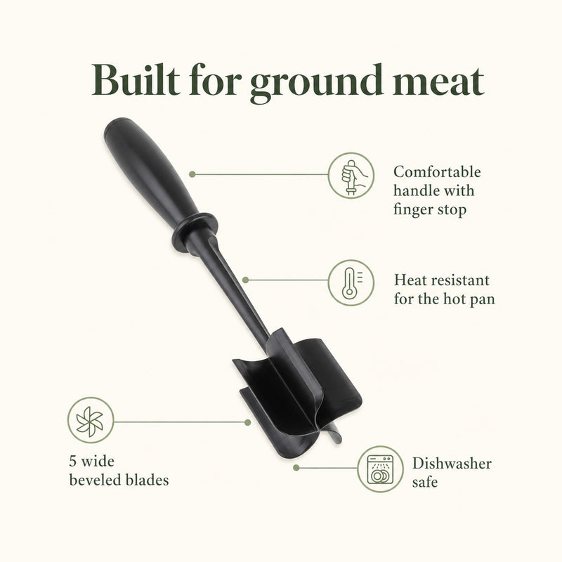 Meat chopper features — 5 wide beveled blades, heat resistant, finger stop handle, dishwasher safe