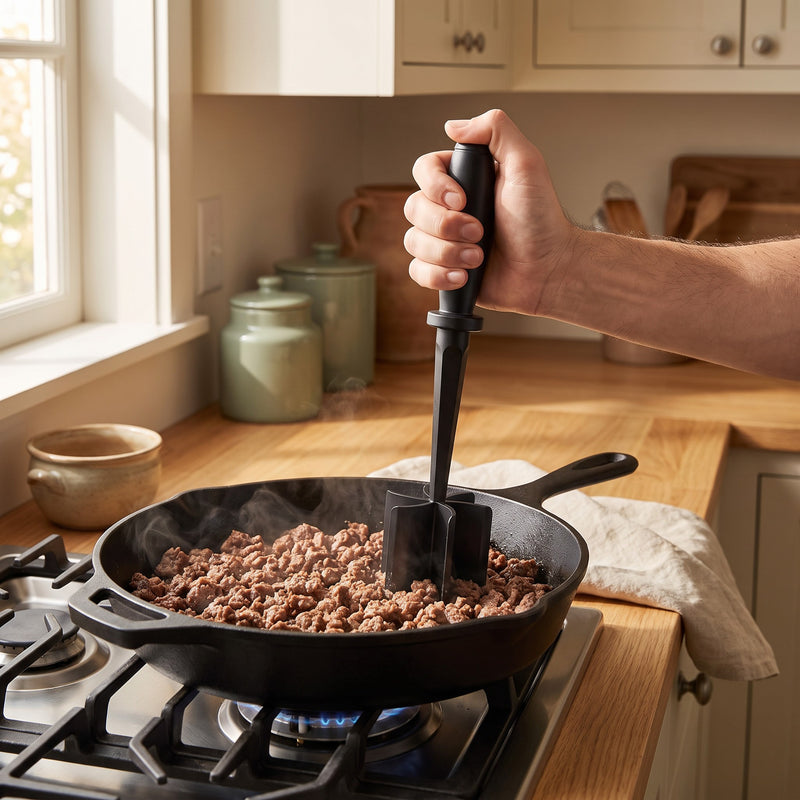 Meat chopper in use — hand pressing the chopper into ground beef browning in a cast-iron skillet