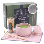 Complete Strabella pink matcha set with whisk, holder, scoop, rest, sifter and gift box