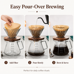 How to brew with the Strabella glass pour-over coffee maker in three steps: add filter, pour slowly, brew and serve