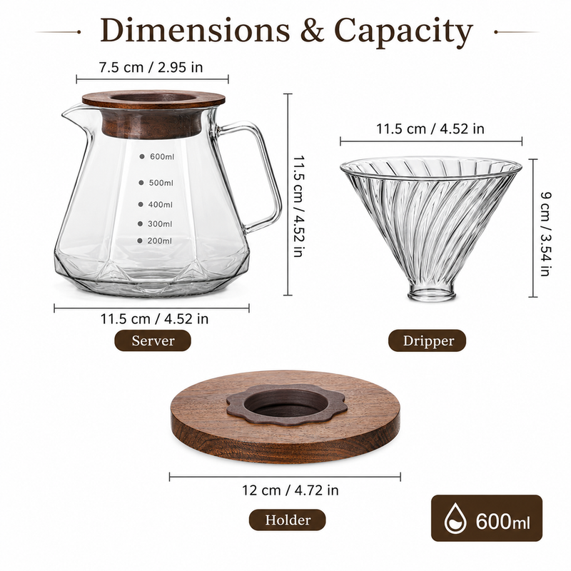 Strabella pour-over coffee maker dimensions: 600 ml glass server, glass dripper and walnut holder measurements