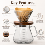 Strabella pour-over coffee maker key features: spiral glass dripper, 600 ml capacity, eagle-beak spout, walnut holder and anti-scald handle