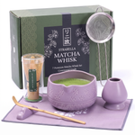 Purple matcha gift set full studio view with gift box, sifter and bamboo whisk
